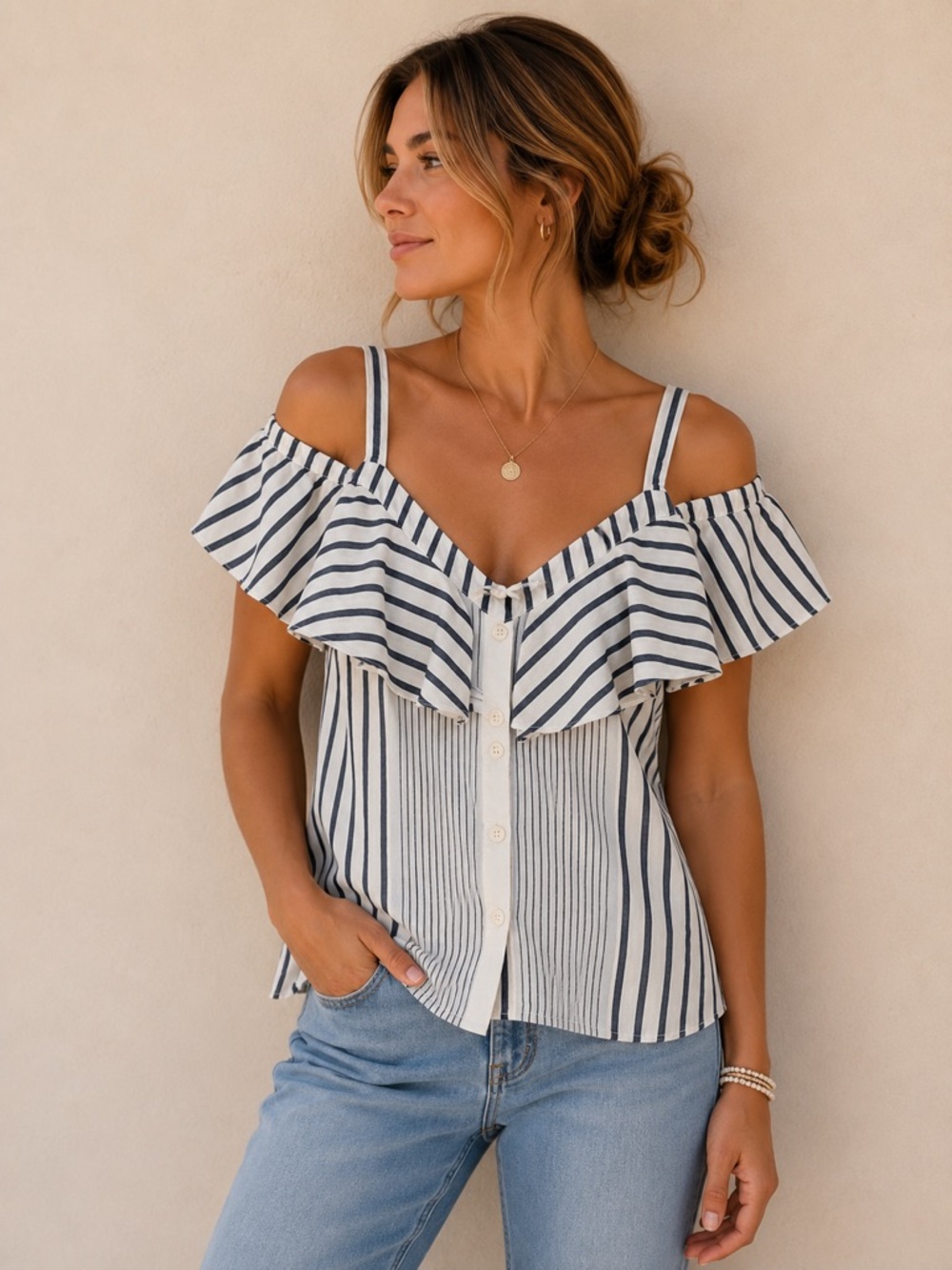 Elan 100% Cotton Nautical Stripe Ruffle Top | Medium | Coastal Resort